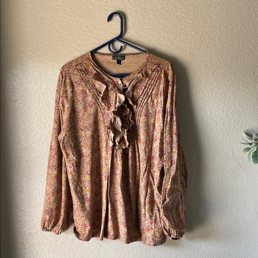 LRL Jeans Co. Women’s Knit Misses XL Cotton Tan Rose Yellow Tunic Sz 3X Ruffles